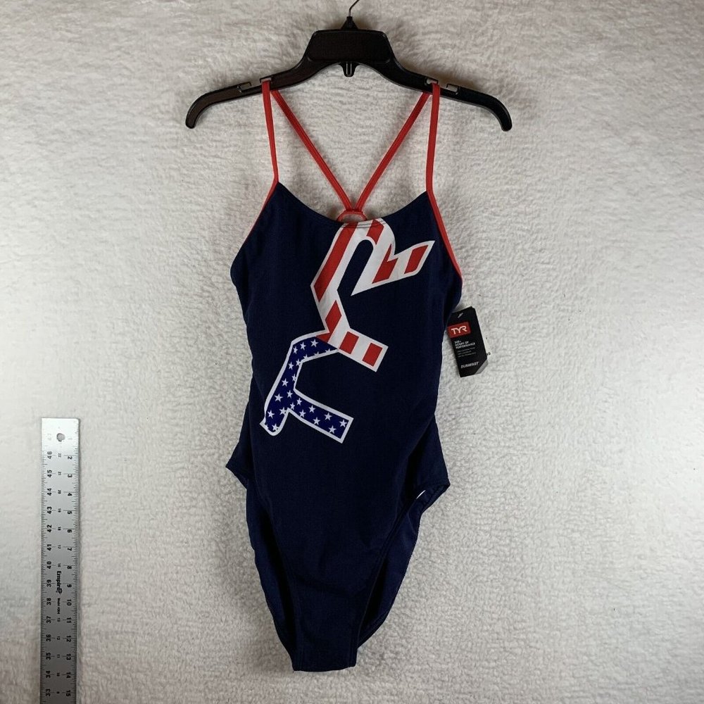 TYR Swimsuit Women's 38 Navy Big Logo USA Cross Back Performance One Piece S8052